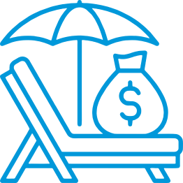 Blue beach chair and money bag icon
